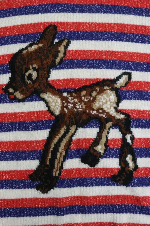 Navy wool-blend glitter stripe pullover crewneck sweater featuring deer motif at centre front