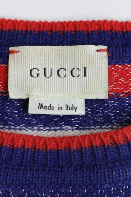 Navy wool-blend glitter stripe pullover crewneck sweater featuring deer motif at centre front