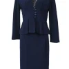 Navy wool-blend ponte-knit plunge neck peplum tailored jacket and pull-on pencil skirt suit set