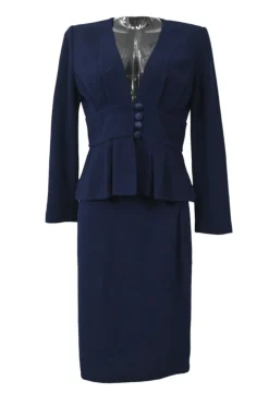 Navy wool-blend ponte-knit plunge neck peplum tailored jacket and pull-on pencil skirt suit set