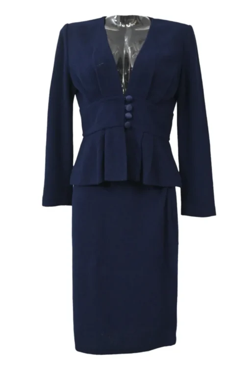 Navy wool-blend ponte-knit plunge neck peplum tailored jacket and pull-on pencil skirt suit set