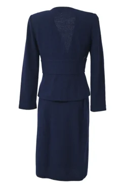 Navy wool-blend ponte-knit plunge neck peplum tailored jacket and pull-on pencil skirt suit set