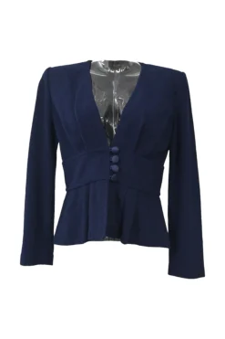 Navy wool-blend ponte-knit plunge neck peplum tailored jacket and pull-on pencil skirt suit set