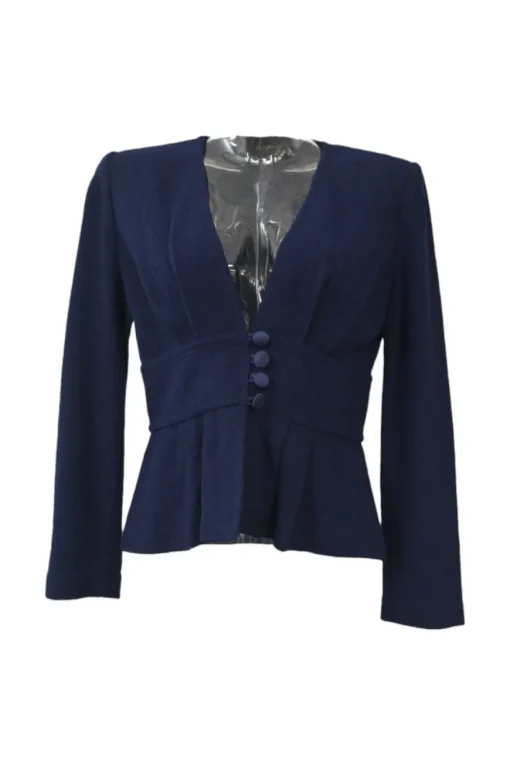 Navy wool-blend ponte-knit plunge neck peplum tailored jacket and pull-on pencil skirt suit set
