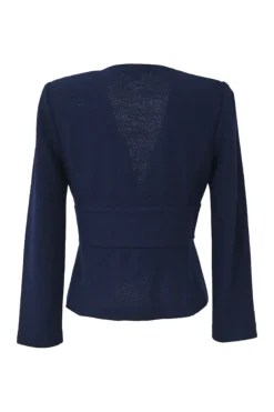 Navy wool-blend ponte-knit plunge neck peplum tailored jacket and pull-on pencil skirt suit set