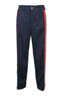 Navy wool-blend pull-on high-rise snap-leg track pants