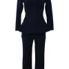 Navy wool-blend single breasted notch lapel bar jacket and tapered leg tailored trousers