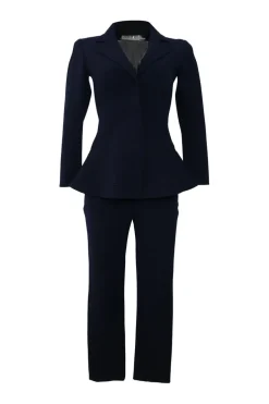 Navy wool-blend single breasted notch lapel bar jacket and tapered leg tailored trousers
