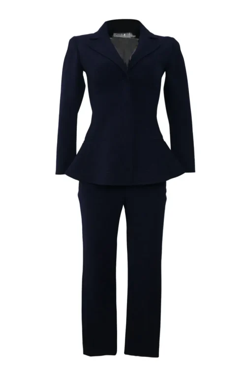 Navy wool-blend single breasted notch lapel bar jacket and tapered leg tailored trousers