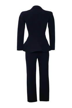 Navy wool-blend single breasted notch lapel bar jacket and tapered leg tailored trousers