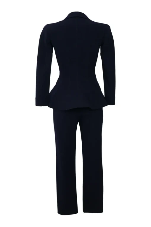 Navy wool-blend single breasted notch lapel bar jacket and tapered leg tailored trousers
