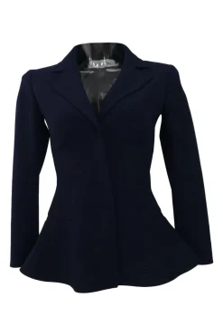 Navy wool-blend single breasted notch lapel bar jacket and tapered leg tailored trousers