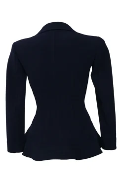 Navy wool-blend single breasted notch lapel bar jacket and tapered leg tailored trousers