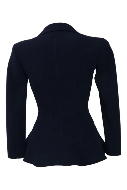 Navy wool-blend single breasted notch lapel bar jacket and tapered leg tailored trousers