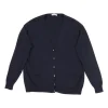 Navy wool-silk blend button-front cardigan with triomphe embroidery detail along forepart panel
