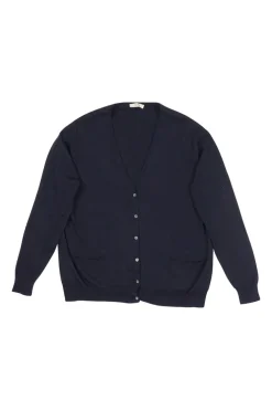 Navy wool-silk blend button-front cardigan with triomphe embroidery detail along forepart panel