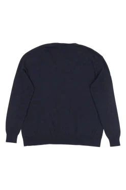 Navy wool-silk blend button-front cardigan with triomphe embroidery detail along forepart panel