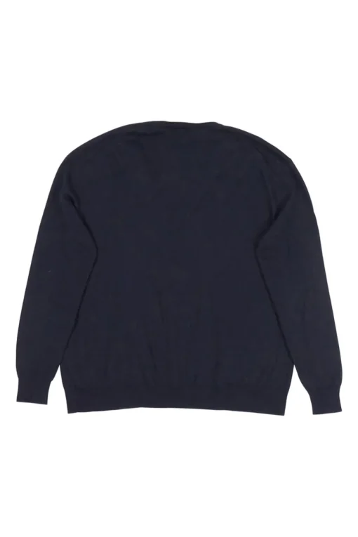 Navy wool-silk blend button-front cardigan with triomphe embroidery detail along forepart panel