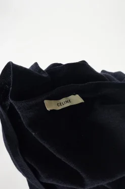 Navy wool-silk blend button-front cardigan with triomphe embroidery detail along forepart panel