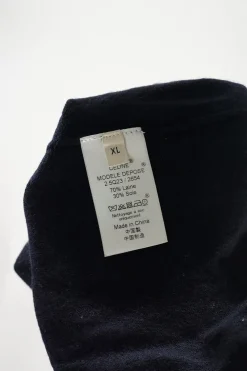 Navy wool-silk blend button-front cardigan with triomphe embroidery detail along forepart panel
