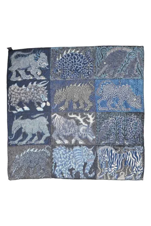 Navy wool-silk blend 'Sweet Dreams' print scarf featuring original artwork by Jan Bajtlik