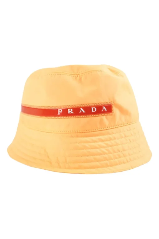 Neon Orange Technical Fabric Bucket Hat with Prada Linea Rosso Logo
