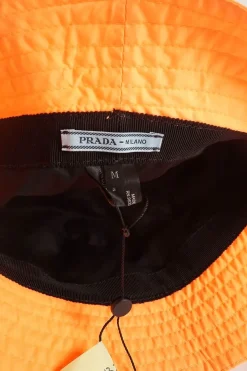 Neon Orange Technical Fabric Bucket Hat with Prada Linea Rosso Logo