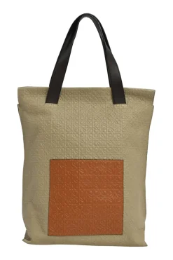 Neutral anagram-embossed leather tote with detachable shoulder strap