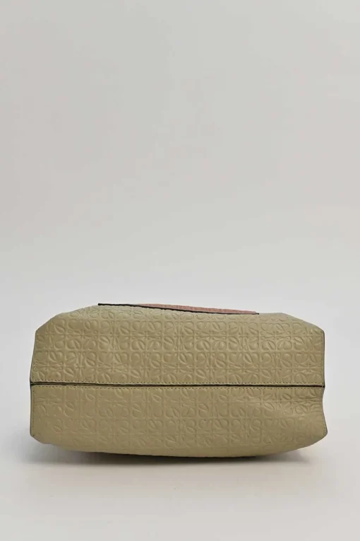 Neutral anagram-embossed leather tote with detachable shoulder strap