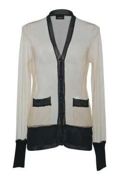 Neutral and black viscose-blend sheer tulle and flat rib paneled floating button-front cardigan