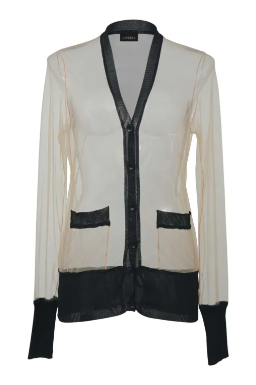 Neutral and black viscose-blend sheer tulle and flat rib paneled floating button-front cardigan