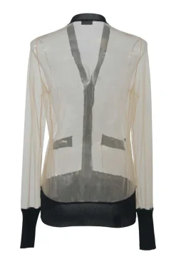 Neutral and black viscose-blend sheer tulle and flat rib paneled floating button-front cardigan