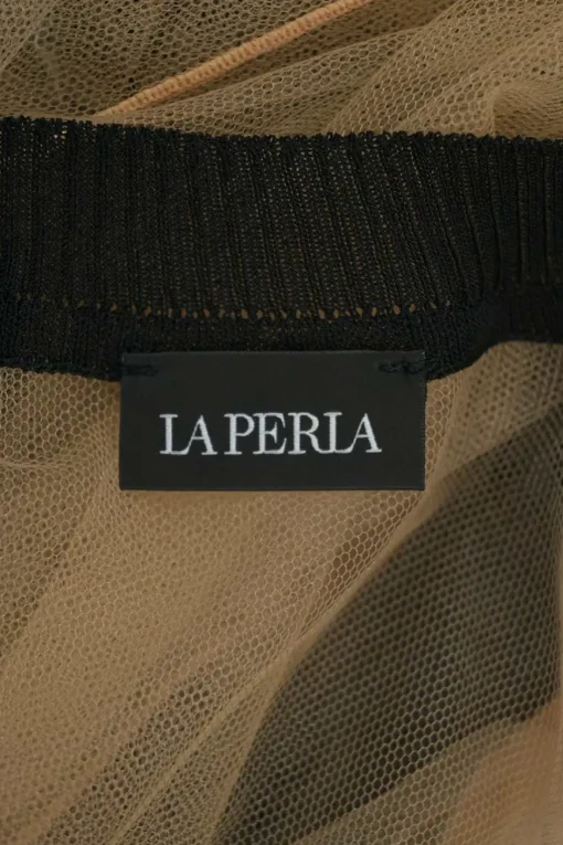 Neutral and black viscose-blend sheer tulle and flat rib paneled floating button-front cardigan