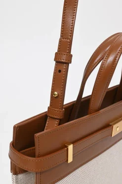 Neutral and brown canvas and leather Manhattan small mixed-media shopper tote