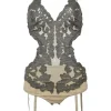 Neutral beaded polyamide-nylon blend semi-sheer mesh illusion suspender bodysuit