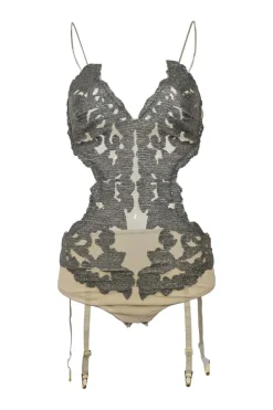 Neutral beaded polyamide-nylon blend semi-sheer mesh illusion suspender bodysuit
