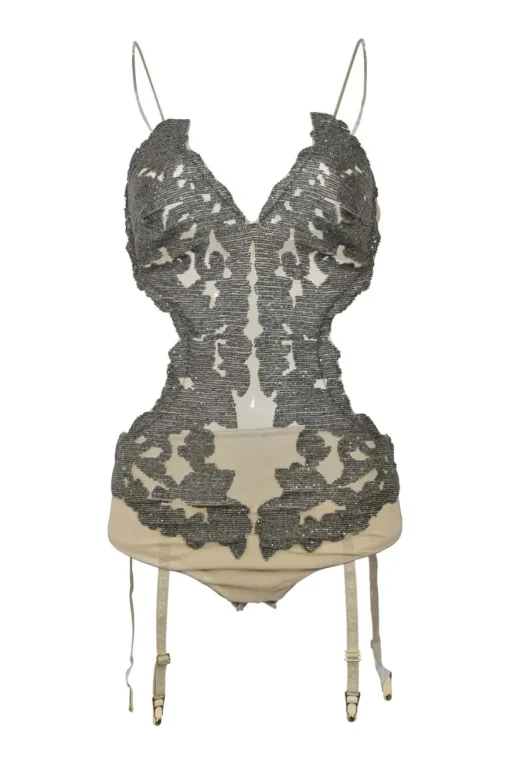 Neutral beaded polyamide-nylon blend semi-sheer mesh illusion suspender bodysuit