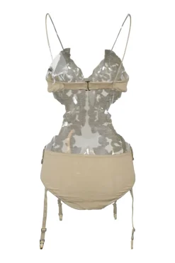 Neutral beaded polyamide-nylon blend semi-sheer mesh illusion suspender bodysuit