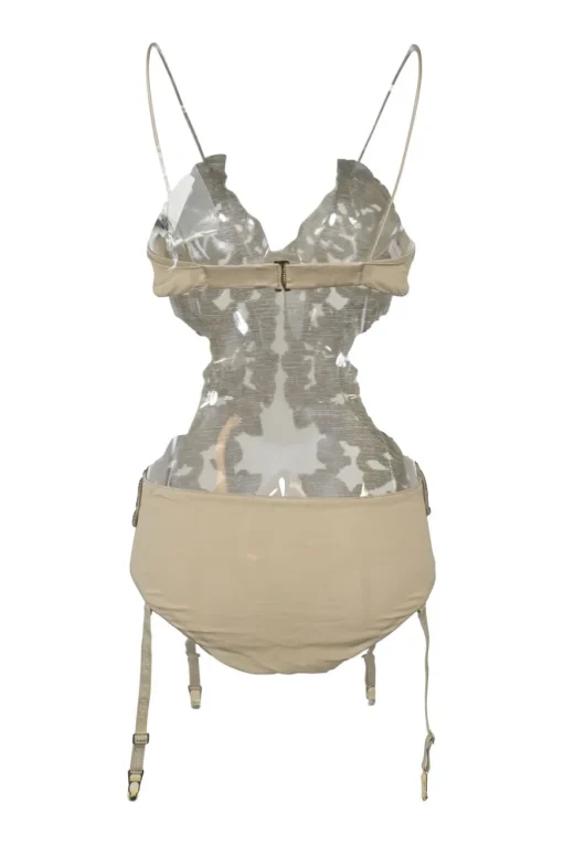 Neutral beaded polyamide-nylon blend semi-sheer mesh illusion suspender bodysuit