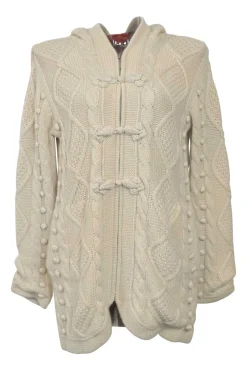 Neutral cable knit hooded zip-up cardigan with show frog button detailing at centre front