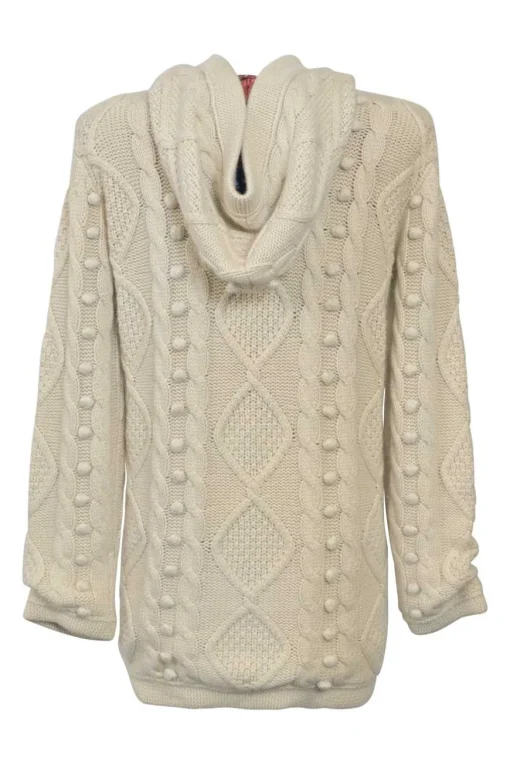 Neutral cable knit hooded zip-up cardigan with show frog button detailing at centre front