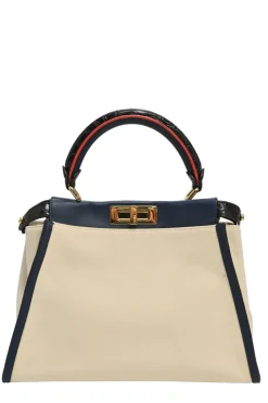 Neutral canvas and leather Peekaboo Iconic satchel with turnlock fastening and detachable shoulder strap