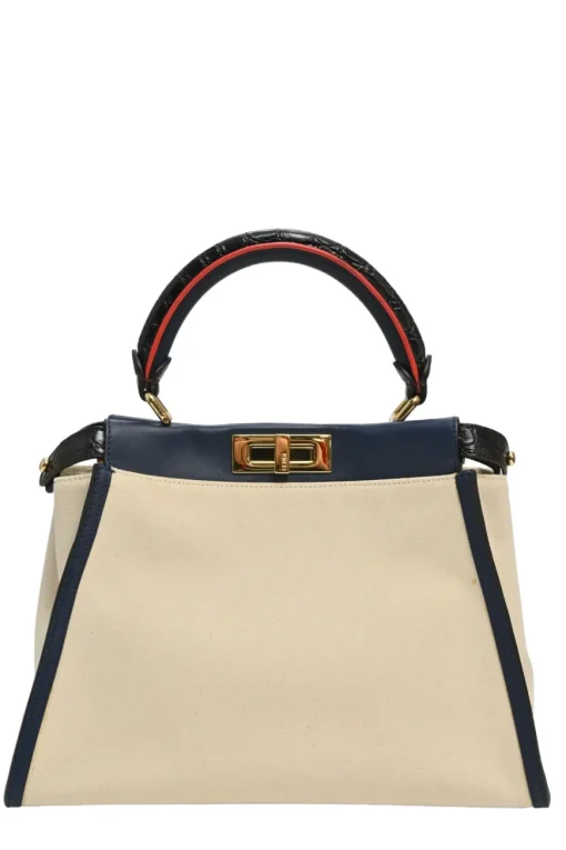 Neutral canvas and leather Peekaboo Iconic satchel with turnlock fastening and detachable shoulder strap