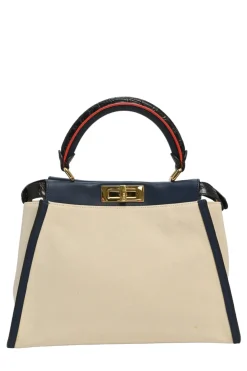 Neutral canvas and leather Peekaboo Iconic satchel with turnlock fastening and detachable shoulder strap