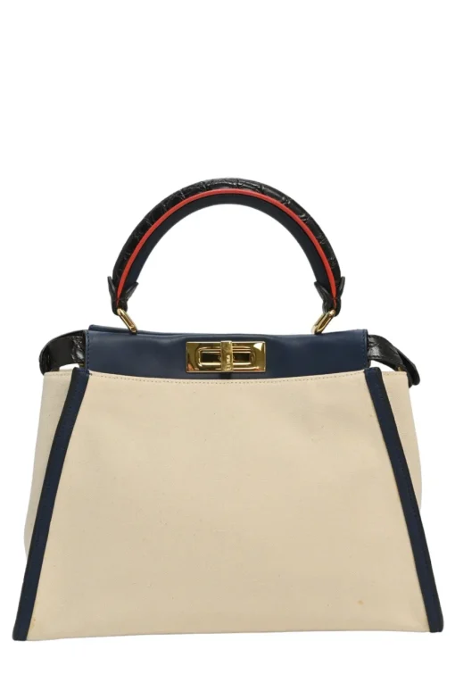 Neutral canvas and leather Peekaboo Iconic satchel with turnlock fastening and detachable shoulder strap