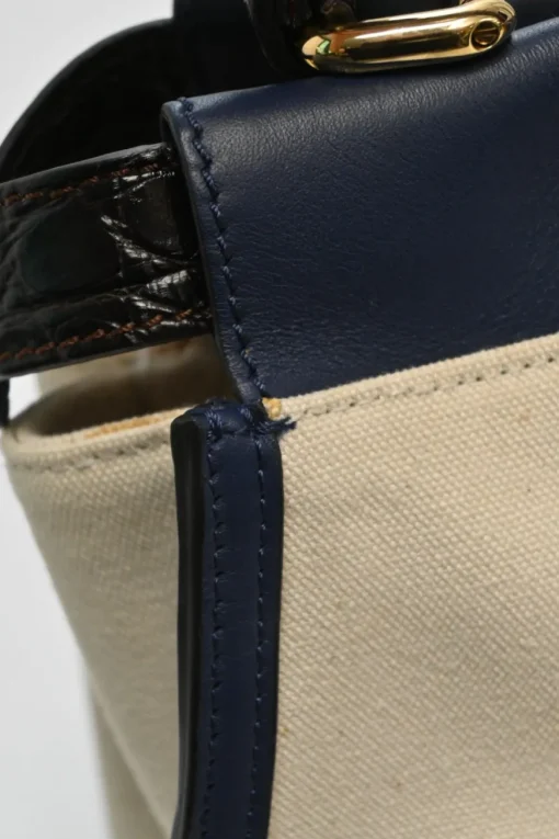 Neutral canvas and leather Peekaboo Iconic satchel with turnlock fastening and detachable shoulder strap