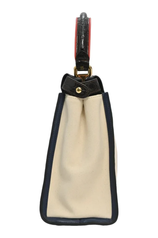 Neutral canvas and leather Peekaboo Iconic satchel with turnlock fastening and detachable shoulder strap