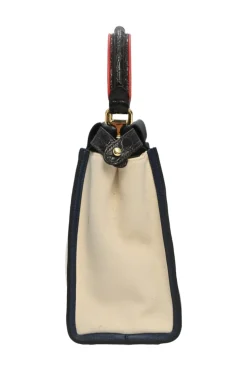 Neutral canvas and leather Peekaboo Iconic satchel with turnlock fastening and detachable shoulder strap