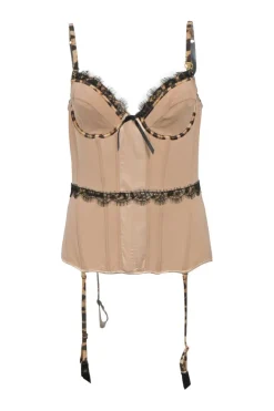 Neutral lace-trimmed polyester bustier garter tank top with corset-style interior boning