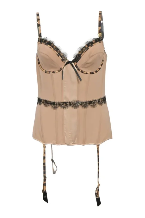 Neutral lace-trimmed polyester bustier garter tank top with corset-style interior boning